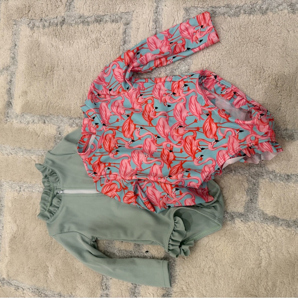 Bathingsuits Flamingo Print and Pale Green ruffles